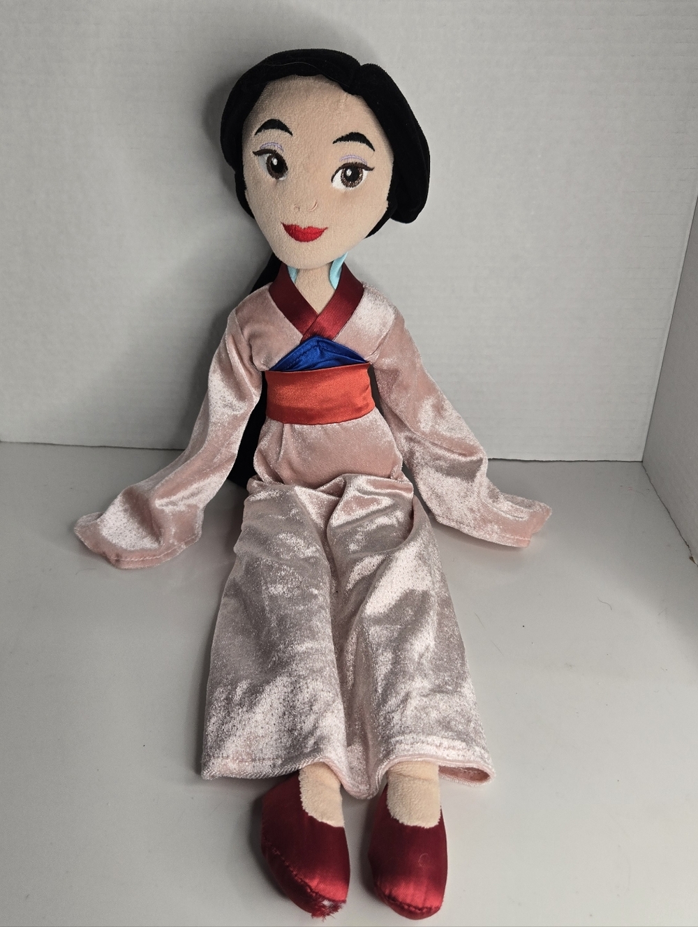 Disney Store Mulan Plush Doll Pink Dress Blue Red Sash Velvet 20"